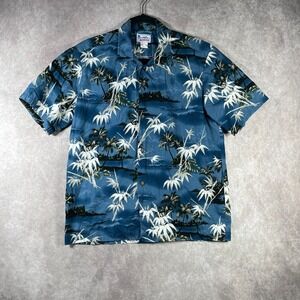 Vintage Hawaii Shirt Men Size Medium Blue Palm Tree Bamboo Summer Vacation Beach